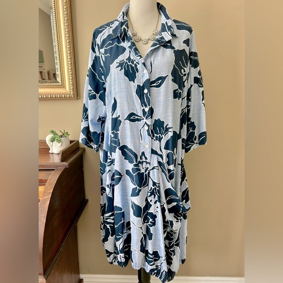 Alembika Blue Floral Wonderful Midi Dress One Pocket Shirt Dress Size 7 US 18-20 - Picture 1 of 9